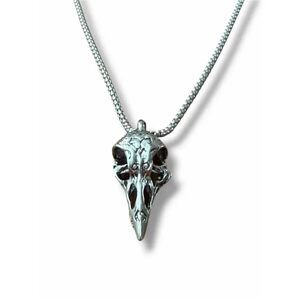 Raven Crow Skull Pendant Box Chain Necklace Antique Silver 24”
